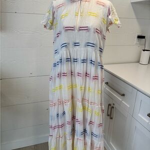 Oliphant White Cotton Gauze Tiered Maxi Dress Rainbow Stripe Lined Pockets M